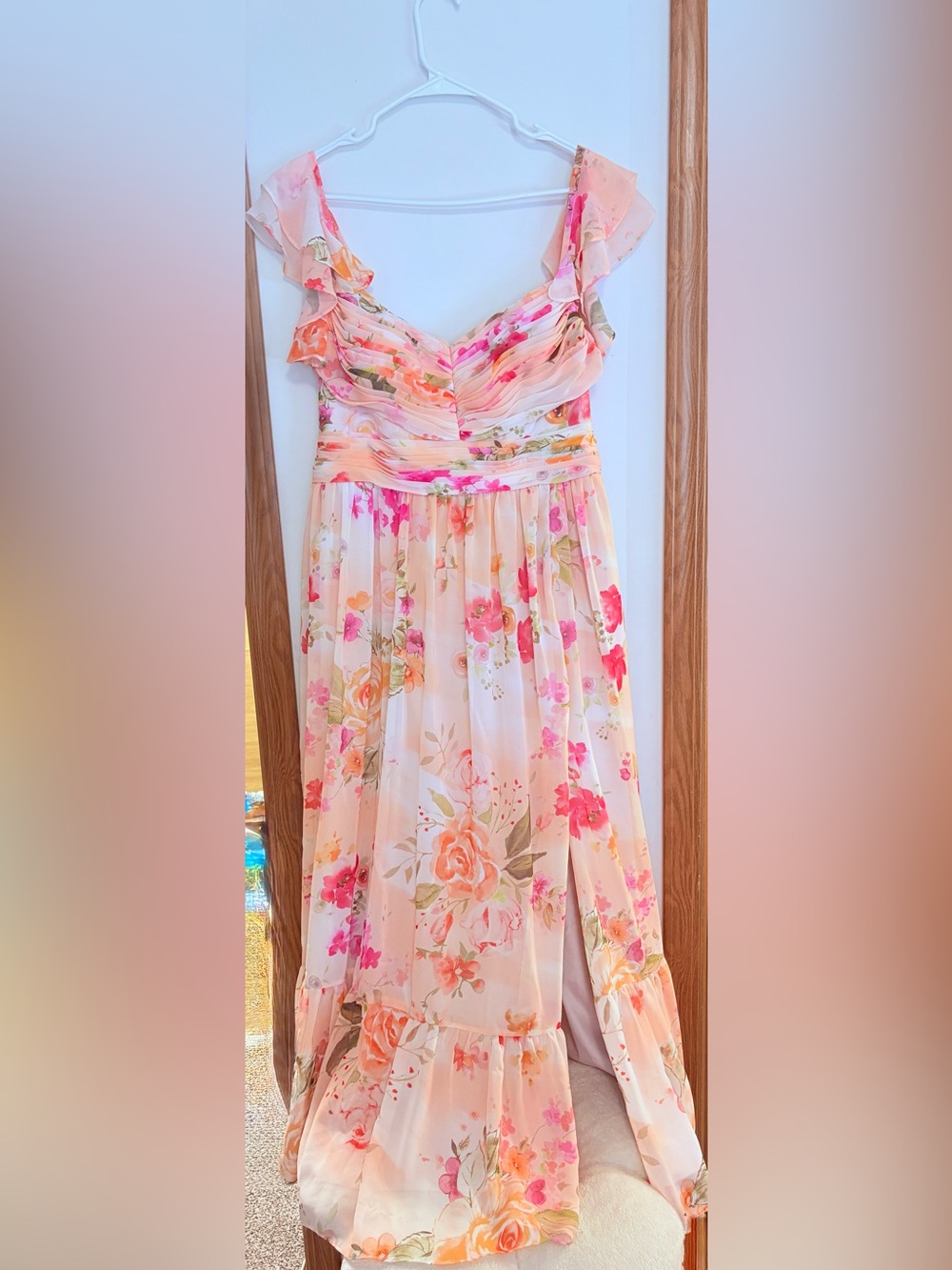 Azazie Peach Floral Ruffle-Shoulder Dress